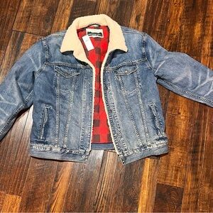 American Eagle Outfitters Blue Denim Jacket with Cream and Red Accents